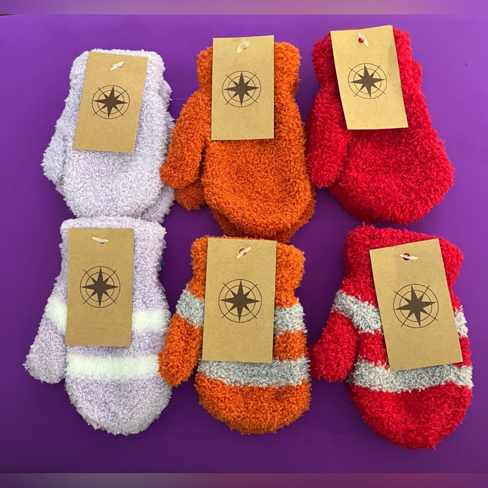 Adorable youth mittens. Red, gray, orange, lavender, white in these 6 pair. NWT.